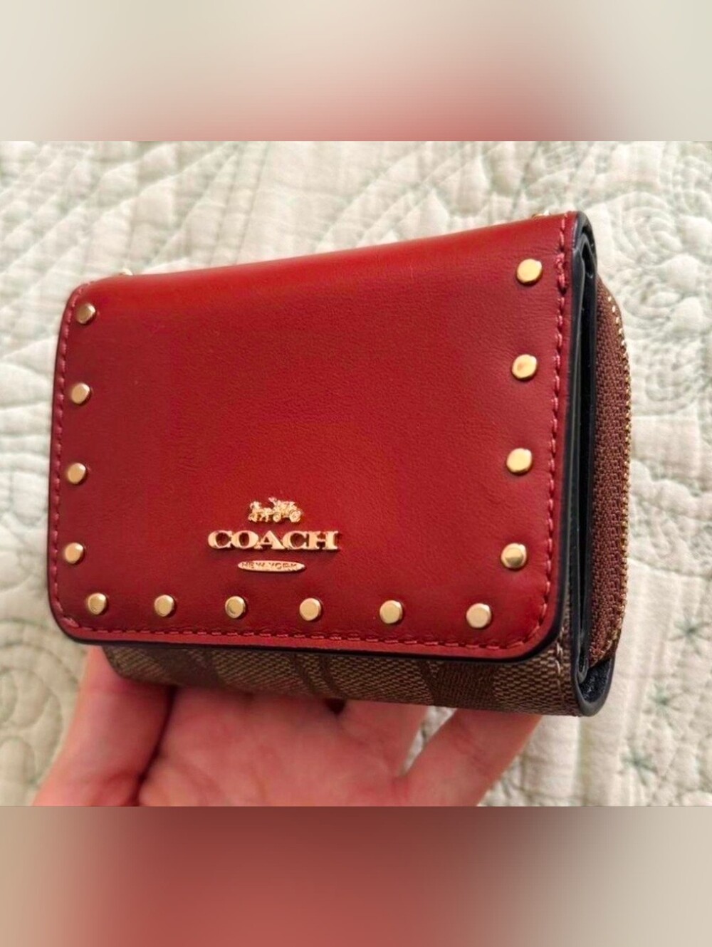 Coach Small Trifold Wallet with Rivets in Colorblock Signature Canvas - Picture 1 of 6